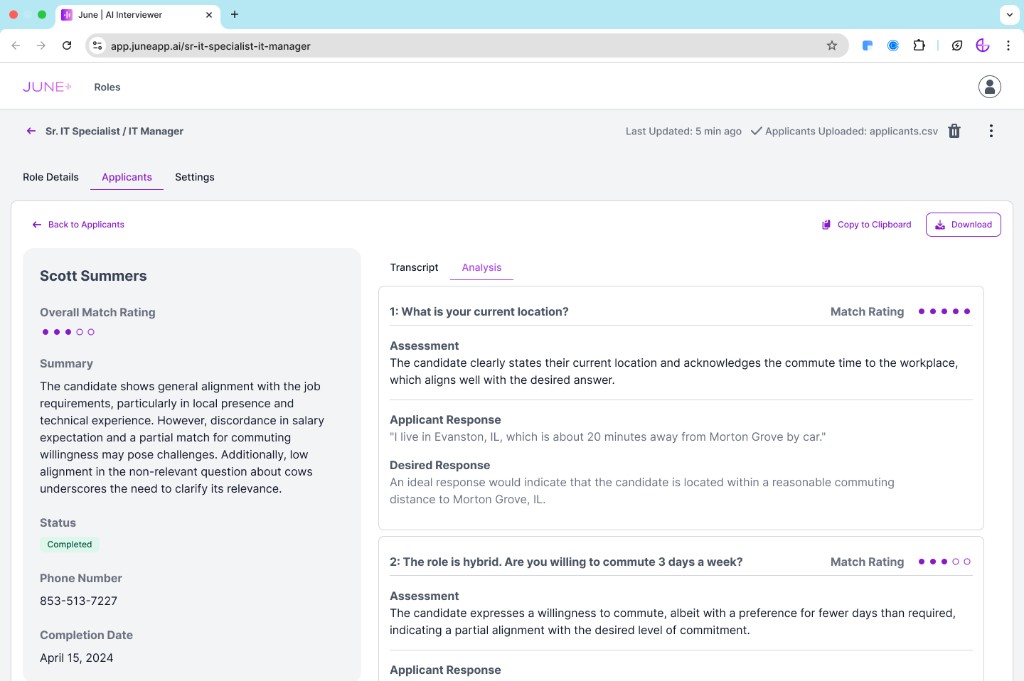 June+ AI Interviewer showing applicant analysis with question-by-question match ratings and assessments.